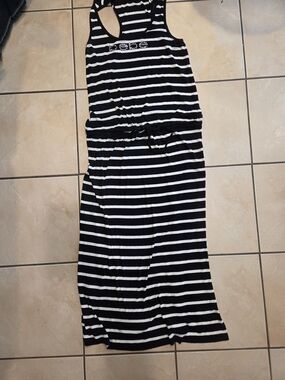 bebe Black and White Striped Backless Maxi Dress